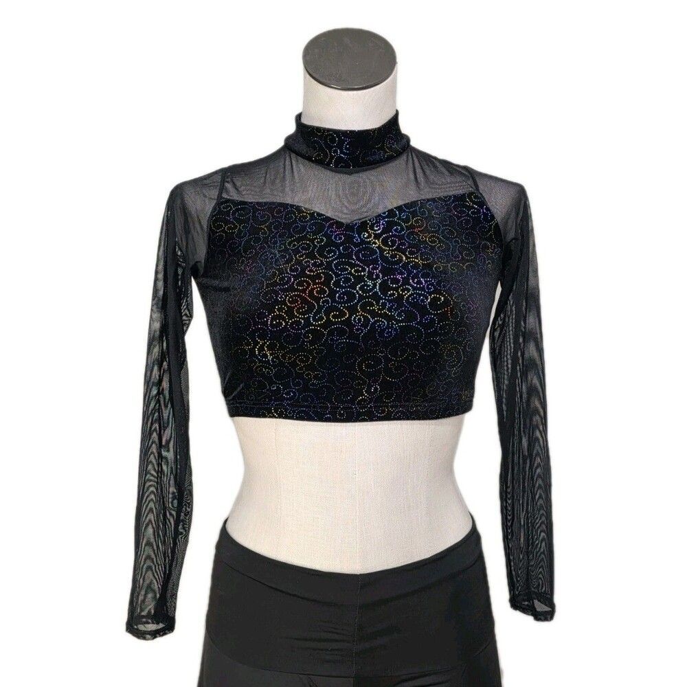 Body Wrappers VTG Mesh Velvet LS Mock Neck Dance Midriff Bling Top Preteen (XS) - Picture 4 of 16